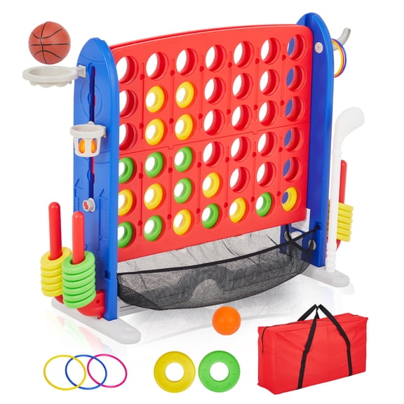 Giant 4-in-1 Floor Game Set – Four in a Row, Basketball, Golf & Ring Toss – 3-Level Height Adjustable – Includes Carry Bag & Mesh Pocket – Jumbo Indoor Outdoor Board Game for Families