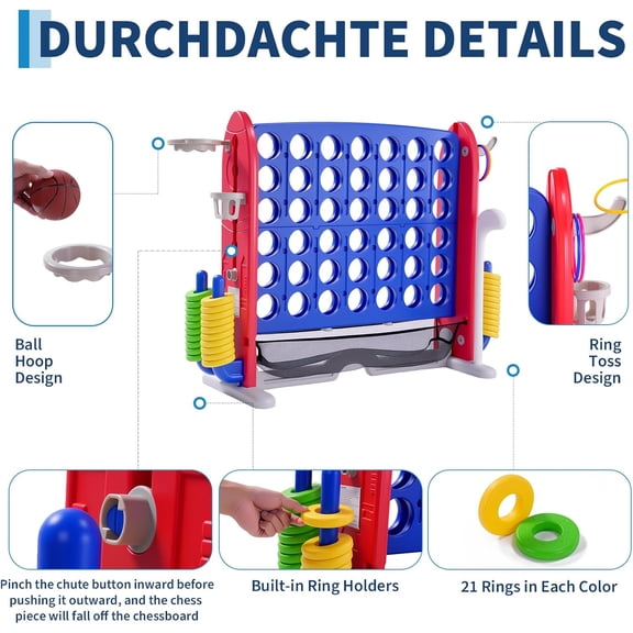 Giant 4-in-a-Row Connect Game Outdoor,Giant 4 in a Row Outdoor Game Set with Basketball Hoop & Ring Toss,4-in-1 Yard Game, Adjustable Height Quick Release for Backyard, Lawn & Parties