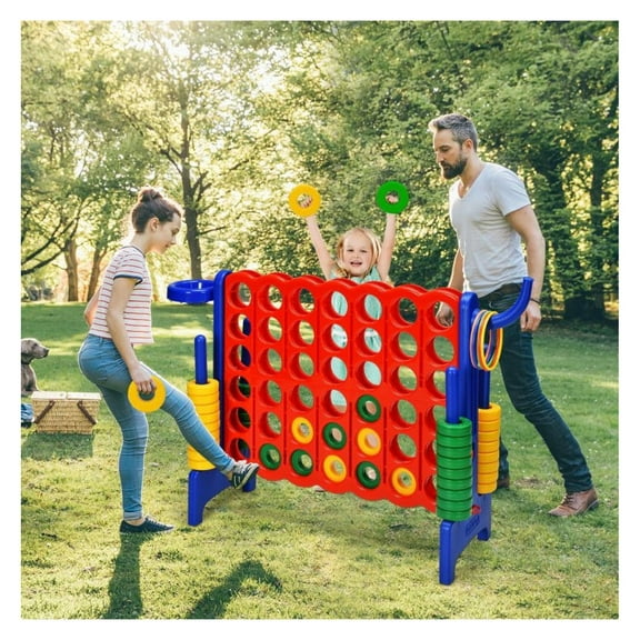 Giant 4-in-a-Row Game Set - 2.5ft 3-in-1 Combo with Basketball & Rings - Indoor Outdoor Family Fun for Kids & Adults - Portable PP & PE Construction