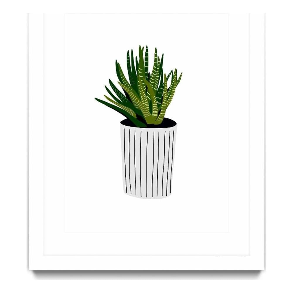 Modern Green Cactus in White Striped Pot Framed Poster