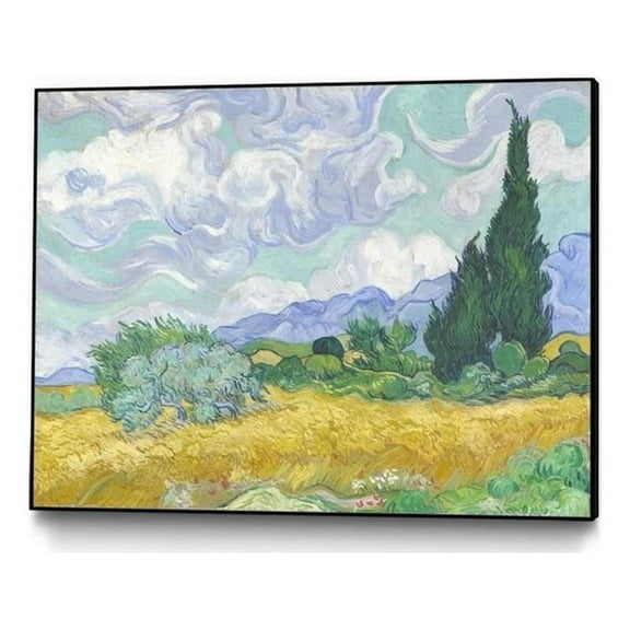Giant Art Canvas 24x18 Wheat Field with Cypresses (large Framed in Yellow