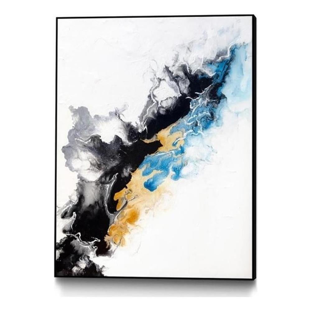 Large Abstract Canvas Art in Black, Blue, and Yellow Frame