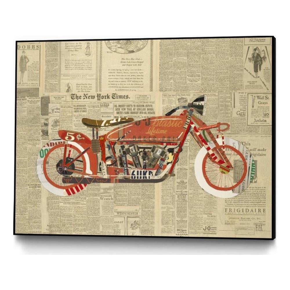 Vintage Red Motorcycle Collage Canvas Framed Art 32x24