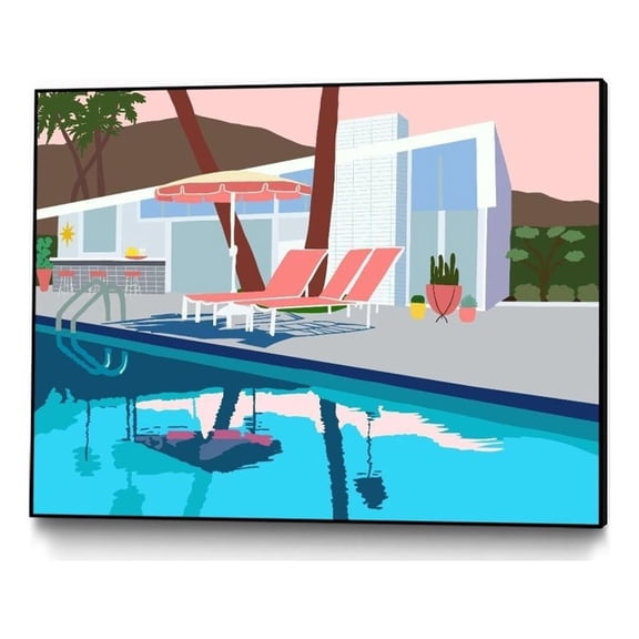Giant Art Canvas 40x30 Pool Lounge Pink Chairs Framed in Multi-Color