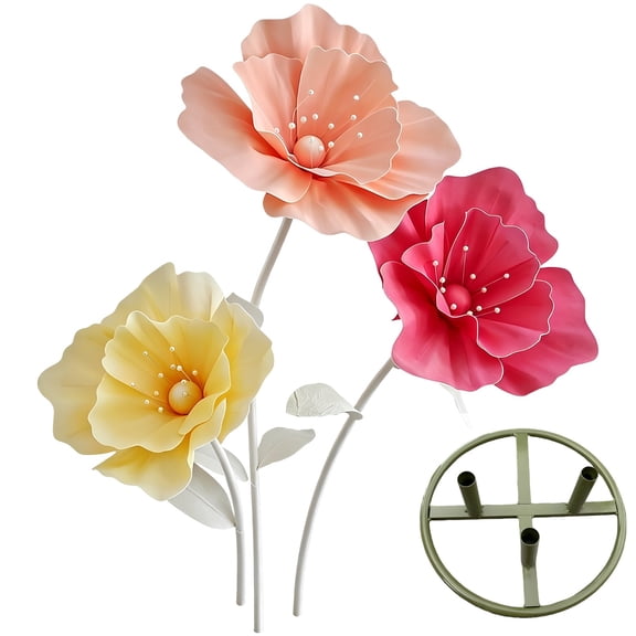 Giant Artificial Poppies, 3 Multicolor Large Decorative Flowers with Solid Iron Base, 5.3 ft / 1.6 m EVA Silk Poppies for Wedding Party Backdrop Decor, Home, Shop Window Displays, Photography Props
