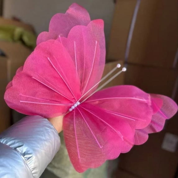 Giant Artificial Silk Yarn Butterfly 20Inch DIY Decorative Mesh Butterfly Craft Realistic Photography Props for Wedding Outdoor Bedroom Garen Pink