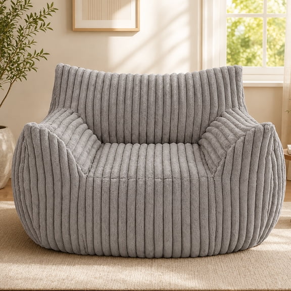 GOSAVI Giant Bean Bag Chair for Adults with Armrests & High Memory Foam,Faux Fur Beanbag with Side Pocket &Removable Cover, Lounge Sofa for Living Room, Bedroom & Game room, Gray