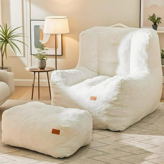 Giant Bean Bag Chair for Adults and Kids with Ottoman, High-Density Big Bean Bag Sofa, Cozy Fluffy Lazy Floor Sofa Comfy Couch for Bedroom, Reading Chair for Living Room