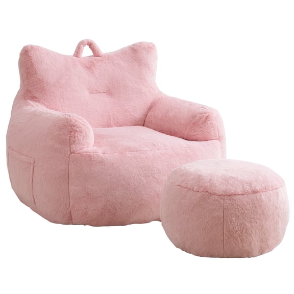 Giant Bean Bag Chair for Adults with Ottoman, Oversized Bean Bag with Filling Plush Fluffy,BeanBag Lazy Sofa Couch with Armrest for Living Room, Stuffed Floor Sofa with Sidepocket for Bedroom, Pink