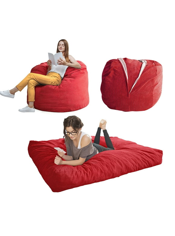 Giant Bean Bag Chair Bed for Adults, Convertible Beanbag Folds from Lazy Chair to Floor Mattress Bed, Large Floor Sofa Couch, Big Sofa Bed, High-Density Foam Filling, Machine Washable,Red,full