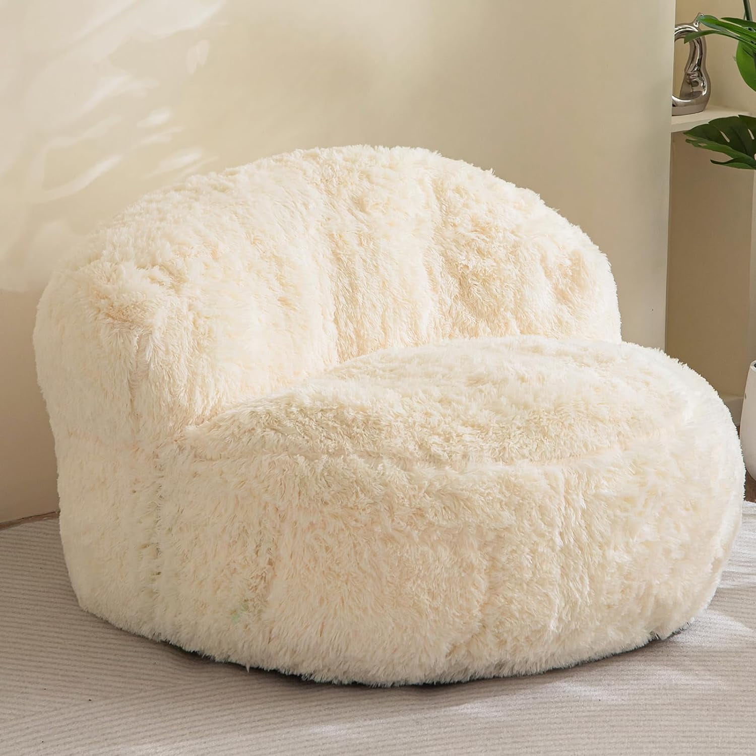 Bean Bag Chairs With Faux Rabbit Fur Cover, 4 Ft Giant Memory Foam Bean Bag Chairs For Adults/Teens With Filling,Ultra Soft Faux Fur Fabric, Round Fluffy Sofa For Living Room Bedroom College