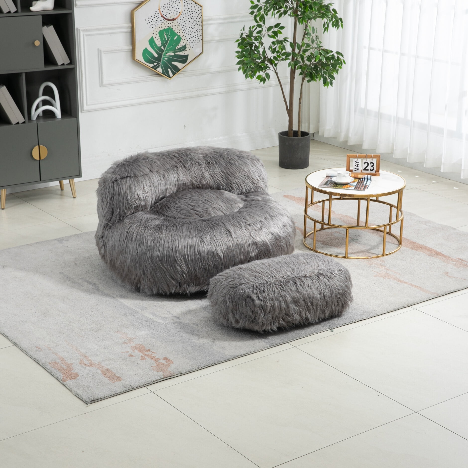 Giant Bean Bag Chair with Footstool, Fluffy Faux Fur Beanbag Lazy Sofa