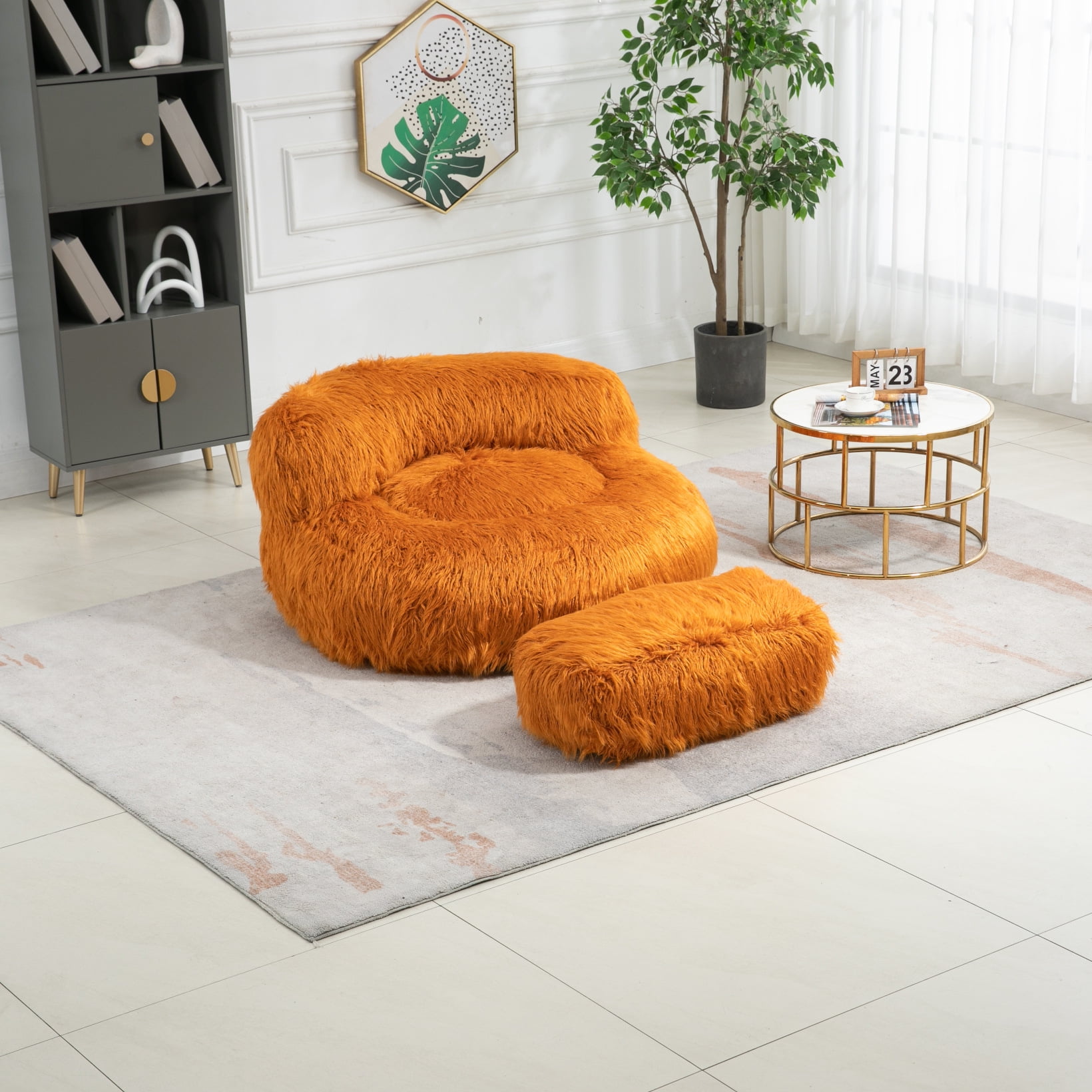 Giant Bean Bag Chair with Footstool, Fluffy Faux Fur Beanbag Lazy Sofa ...