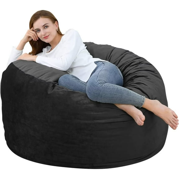 Giant Bean Bag Chair with Memory Foam 4 ft, Big Stuffed Bean Bag Lazy Sofa with Dutch Velvet Cover, Big Bean Furniture, Plush Lazy Sofa Overall Foam-Filled Beanbag Chair, Black