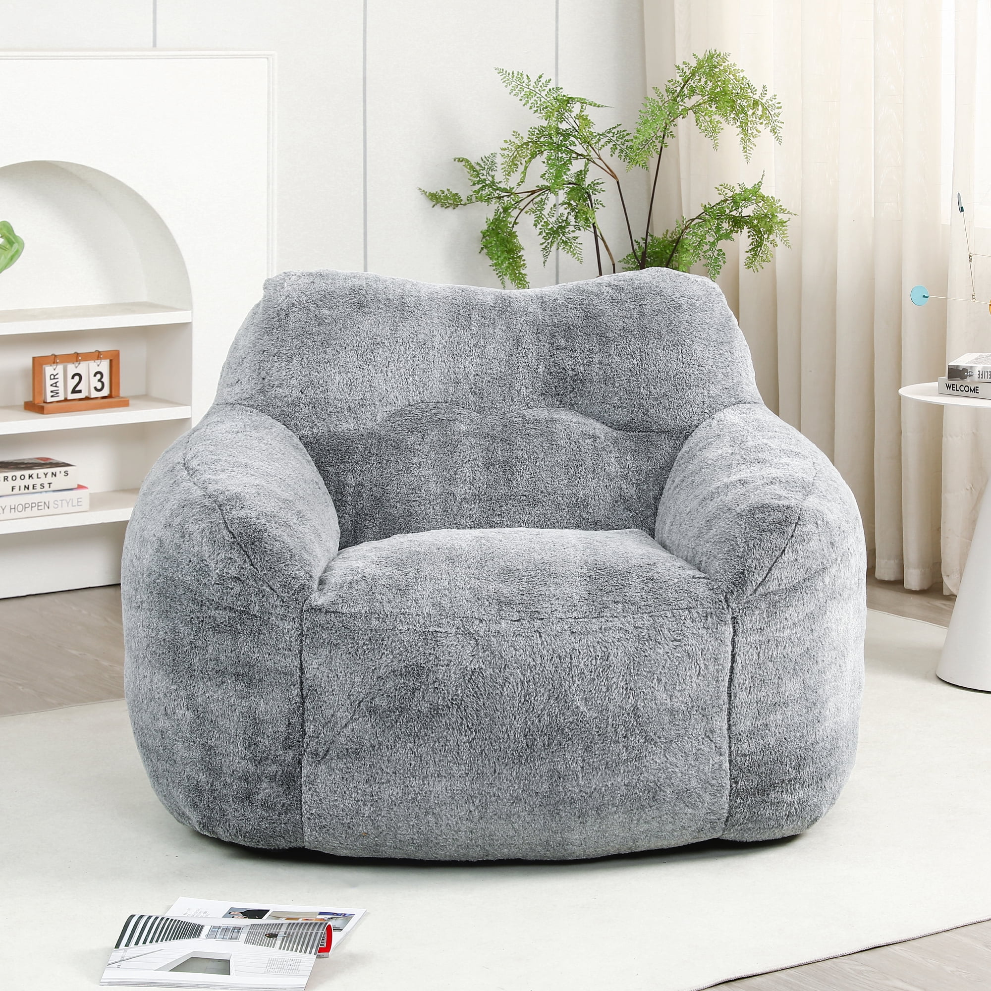 Giant Bean Bag Chair, Oversized Bean Bag Couch for Adults and Kids, Faux Fur Large Chair with Filler, Stuffed Big Accent Sofa Lounge Floor Sofa for Gaming, Reading, Dark Gray