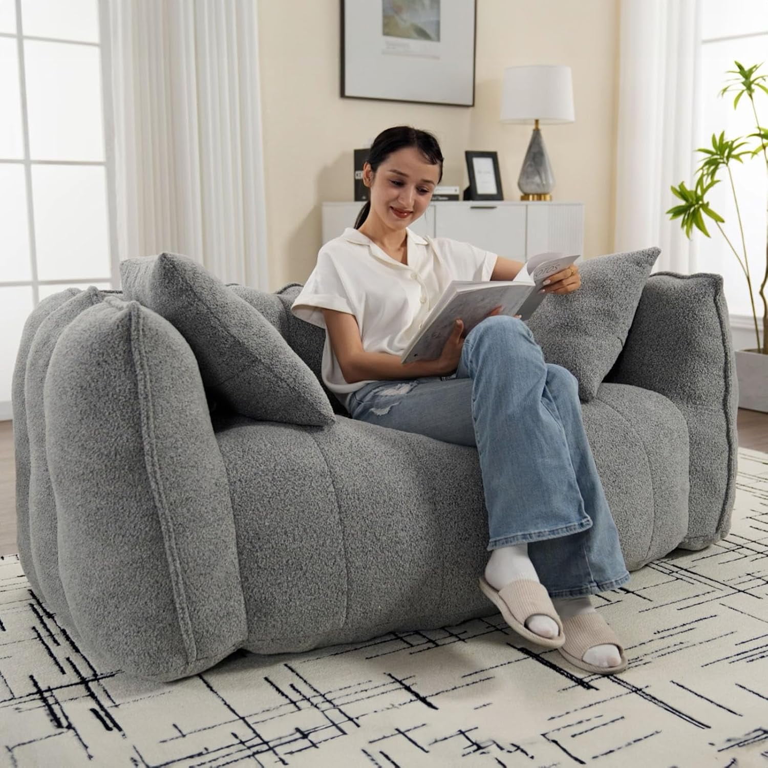 Giant Bean Bag Chair Oversized Bean Bag Couch for Adults and Kids Big Bean Bag Sofa Chair Floor Sofa with Pillows and Stuffer for Gaming Reading