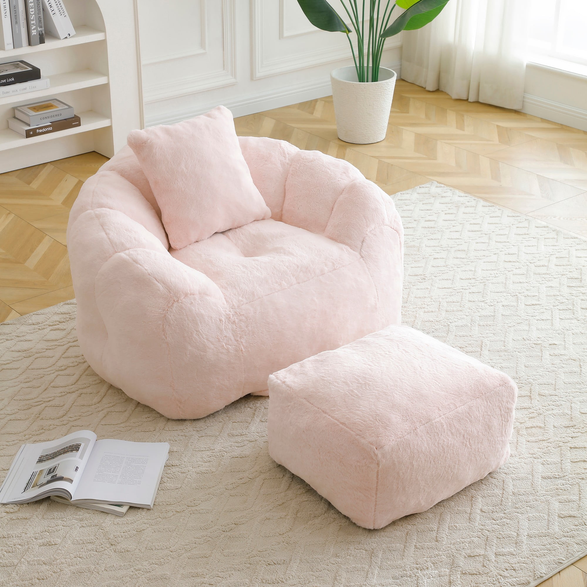 Giant Bean Bag Chair Withfootstool, Oversized Bean Bag for Adults and Kids, Faux Fur Shell-Shaped Large Chair with Filler, Stuffed Big Accent Sofa, Floor Sofa Gaming,Reading Living Room Bedroom(Pink)