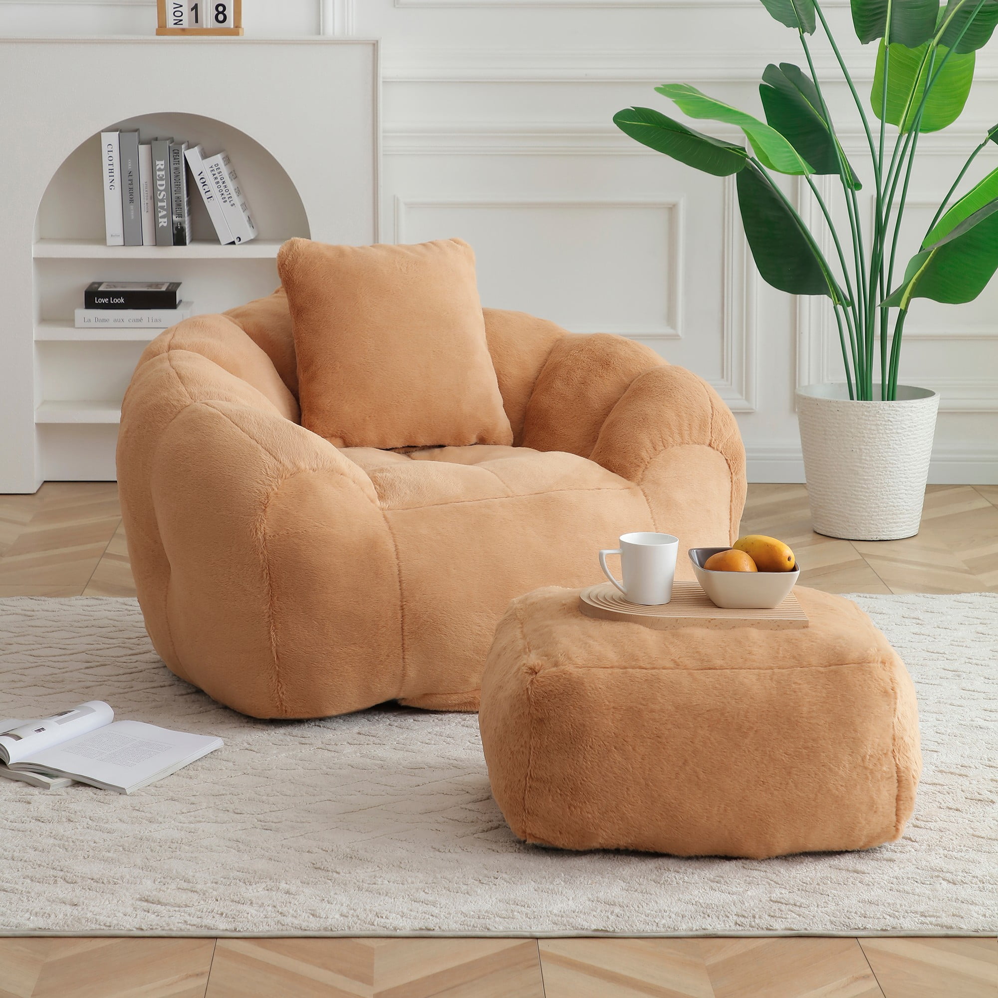 Giant Bean Bag Chair Withfootstool, Oversized Bean Bag for Adults and Kids, Faux Fur Shell-Shaped Large Chair with Filler, Stuffed Big Accent Sofa, Floor Sofa for Reading Living Room Bedroom (Orange)