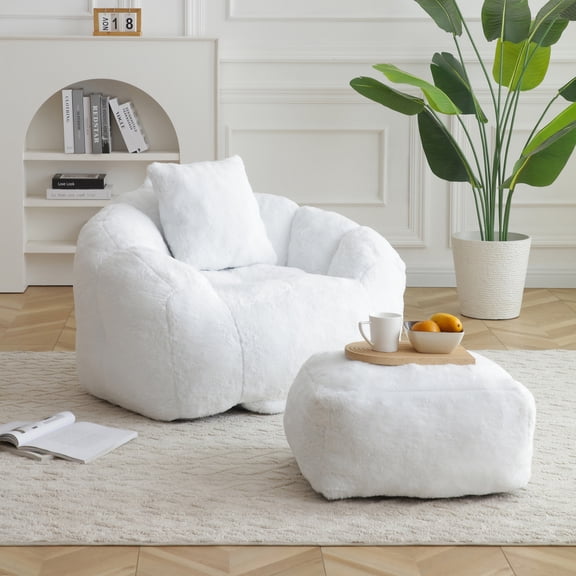 Giant Bean Bag Chair for Adults, Oversized Lazy Sofa with Footstool and Handle, Faux Fur Shell-Shaped Reading Chair for Living Room Bedroom, White