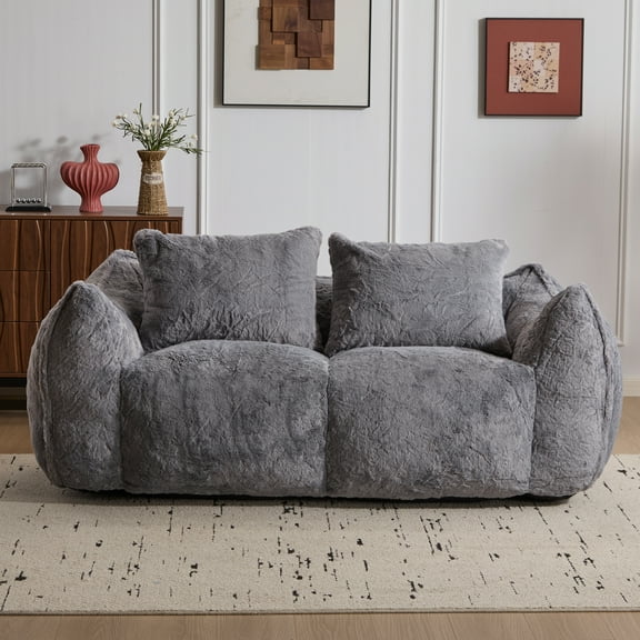 Giant Bean Bag Chair for Adults, Upholstered Loveseat Floor Sofa with Pillows Plush Chair for Bedroom Living Room, Grey