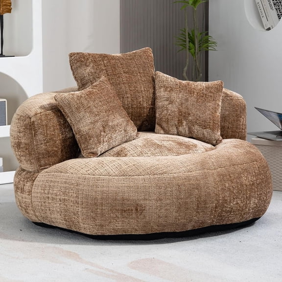 Giant Bean Bag Chairs for Adults, Oversized Beanbag Round Couch, Lazy Floor Sofa with 3 Pillows, Chenille Boneless Chair, Memory Foam Bean Bag Chairs for Living Room Bedroom, No Assembly (Coffee)
