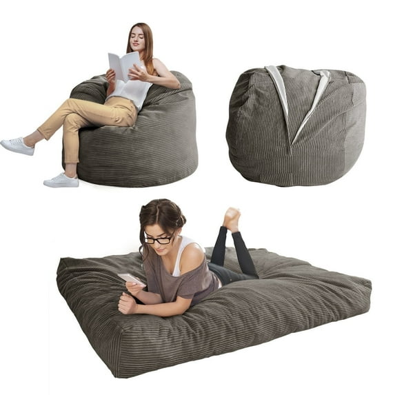 Giant Bean Bag Chairs Bean Bag Bed with Washable Cover Ultra Soft, Convertible Bean Bag from Chair to Mattress, Huge Cordoroys Bean Bags for Adult,Couples,Family,Dgrey,Queen
