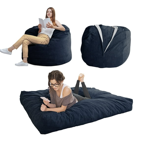 Giant Bean Bag Chairs Bean Bag Bed with Washable Cover Ultra Soft, Convertible Bean Bag from Chair to Mattress, Huge Cordoroys Bean Bags for Adult,Couples,Family,Navy,Queen