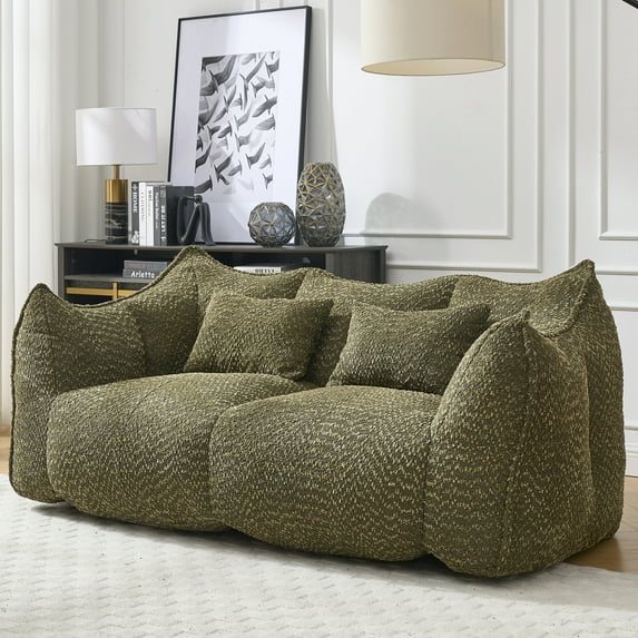 Giant Bean Bag Sofa for Two Adults, High Resilience Foam Filled Comfortable Square Recliner, Durable Olive Green Floor Loveseat for Living Room, Bedroom, Apartment Use