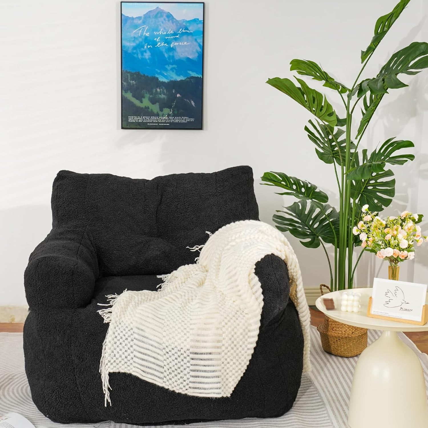 Chenille Bean Bag Chair For Adults With Ottoman - Memory Foam Filled, Armrests & Back Support