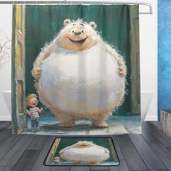 Giant Bear and Kid Bathroom Accessory Sets Waterproof Shower Curtain with Anti-Slip Bath Mat Durable Combo