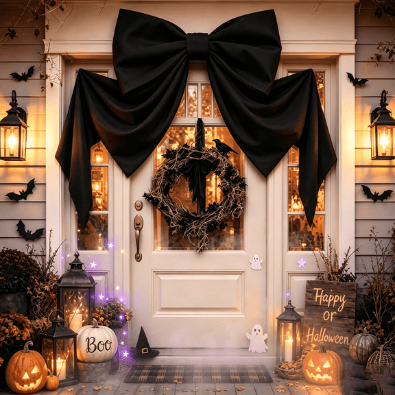 Giant Black Bow Halloween Decor, 48" x 24" Large Bow for Front Door Wall Mantle, Indoor Room Party Decoration, Christmas Tree Topper