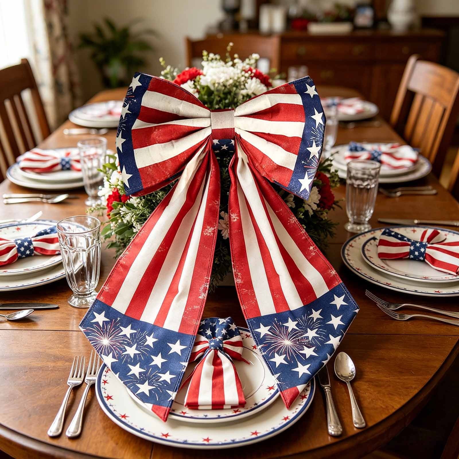 Giant Bow Decoration 4th of July Patriotic Wreath Bow Red White Blue USA Flag Ribbon Decor with Hanging Loop for Front Door Mantel and Independence Day Party