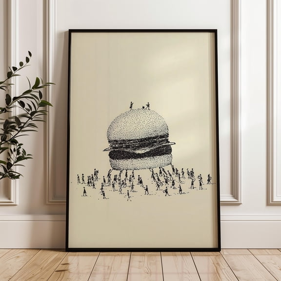 Giant Burger With Tiny People, Surrealism Wall Art Print, Contemporary Poster, Poster Only