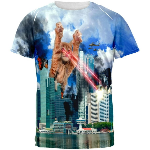 Giant Cat Laser Rampage and Destroy All Over Adult T-Shirt - Large