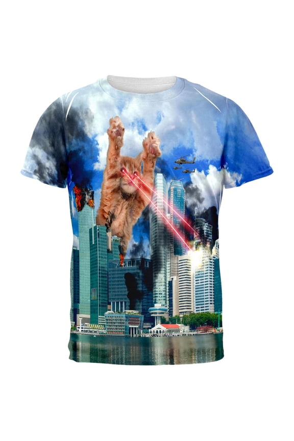 Giant Cat Laser Rampage and Destroy All Over Adult T-Shirt - Small