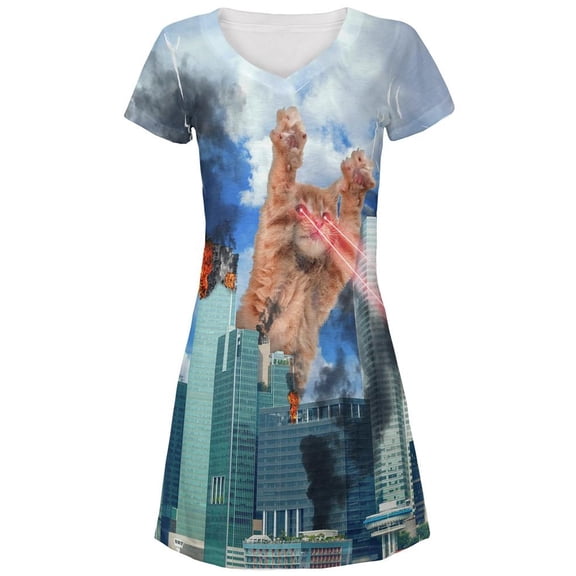 Giant Cat Laser Rampage and Destroy All Over Juniors Beach Cover-Up Dress Multi X-LG