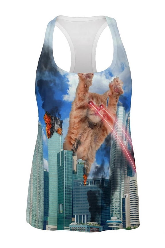 Giant Cat Laser Rampage and Destroy All Over Womens Work Out Tank Top Multi 2XL