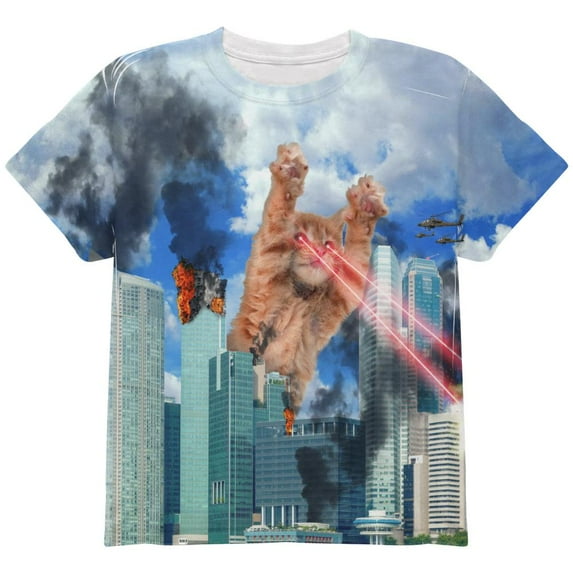Giant Cat Laser Rampage and Destroy All Over Youth T Shirt Multi YLG