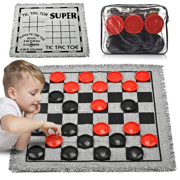 Giant Checkers Board Game Set,3 in 1 Jumbo Tic Tac Toe Game,Classic Checkers Board Game for Kids & Adults,Large Checkers Rug Game Mat,Indoor Outdoor Yard Game for Family Camping Party
