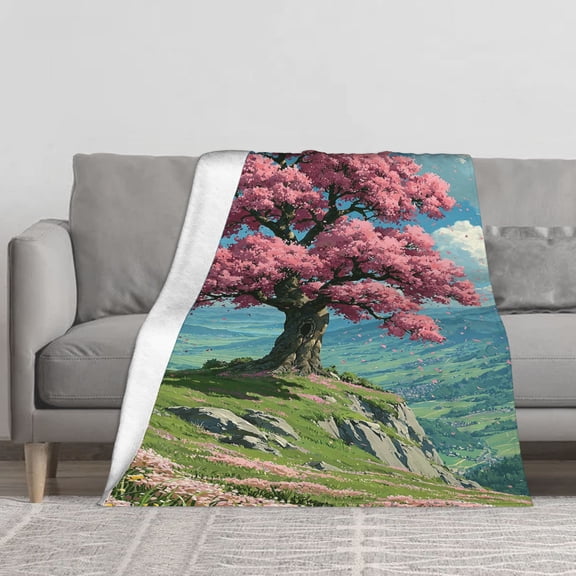 Giant Cherry Blossom Tree Hill Valley Throw Blanket, Spring Meadow Scenery Soft Flannel Blanket for Home Decor