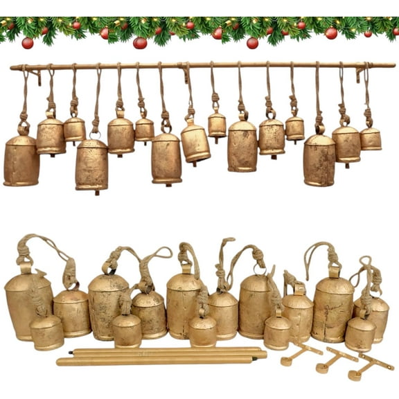 Giant Christmas Bells Set of 15 – Vintage Style Harmony Shabby Chic Metal Bells with Hanging Rod Tool for Mantel Décor, Fireplace Garland & Stocking Holder Display