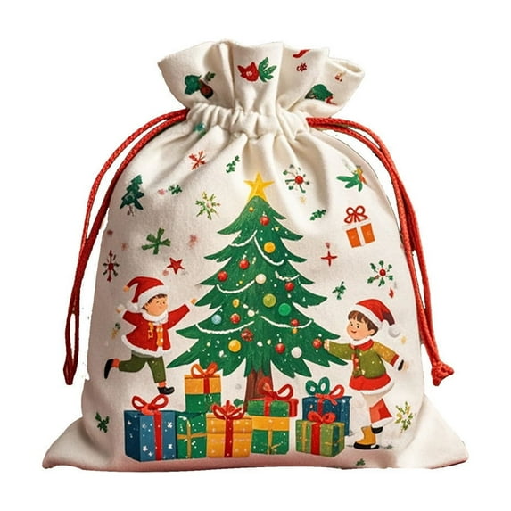 Giant Christmas Drawstring Holiday Bag with Christmas Tree Pattern Red Rope, Spacious Festive Gift Sack for Apples Candy and Christmas Decor