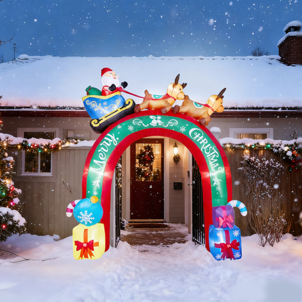Giant Christmas Inflatable Archway, 9 Warm White LEDs, Santa Sleigh & Reindeer Design, Weatherproof Polyester, for Yard, Garden, Indoor