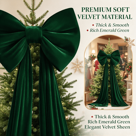 Giant Christmas Tree Bow, Green Velvet Tree Topper for Holiday Decorating, Large Festive Bow Accent for Christmas Tree Displays and Seasonal Decor, 1 PC, 62.99 x 15.75 in, 0.53 lb