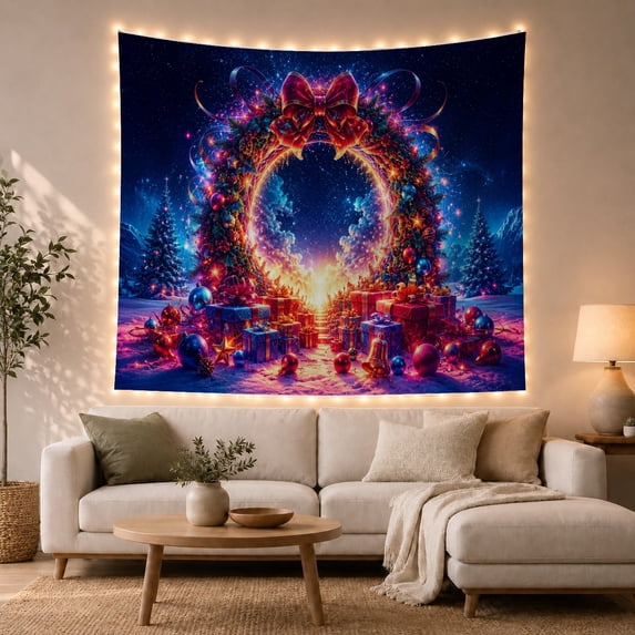 Giant Circular Wreath Portal in Snowy Forest, Dreamy Fantasy for Holiday Decor Lovers, Festive Forest Art Christmas Gift, Tapestry Wall Hanging for Bedroom and Living Room