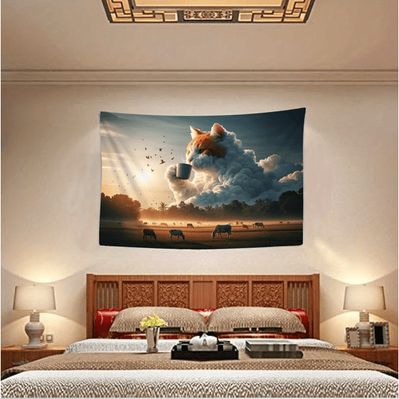Giant Cloud Cat Drinking Coffee Tapestry - Surreal Fantasy Art with Fluffy Feline in the Sky, Peaceful Countryside Landscape with Cows and Sunrise, Unique Wall Decor for Living Room, Bedroom, Dorm