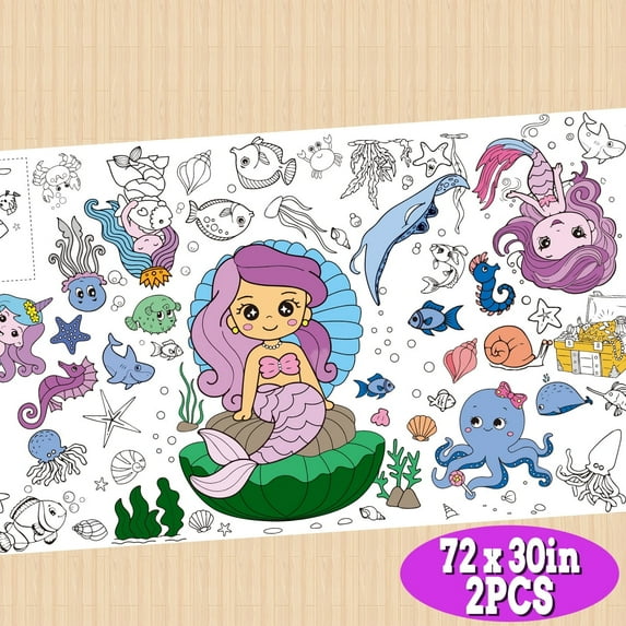 Giant Coloring Poster 30 x 72 Inch Mermaid Large Coloring Poster Tablecloth for Birthday School Classroom Home Party Decorations 2Pcs