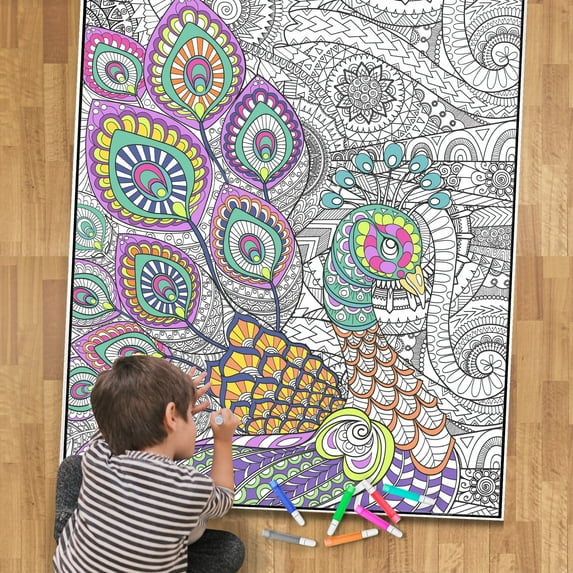 Giant Coloring Poster - Premium Jumbo Coloring Sheets for Kids & Adults with Thick Bleed-Resistant Pages, Use on Floor, Wall, or as Table Cloth, Use With Alcohol Based Markers (30” x 42”, Peacock)