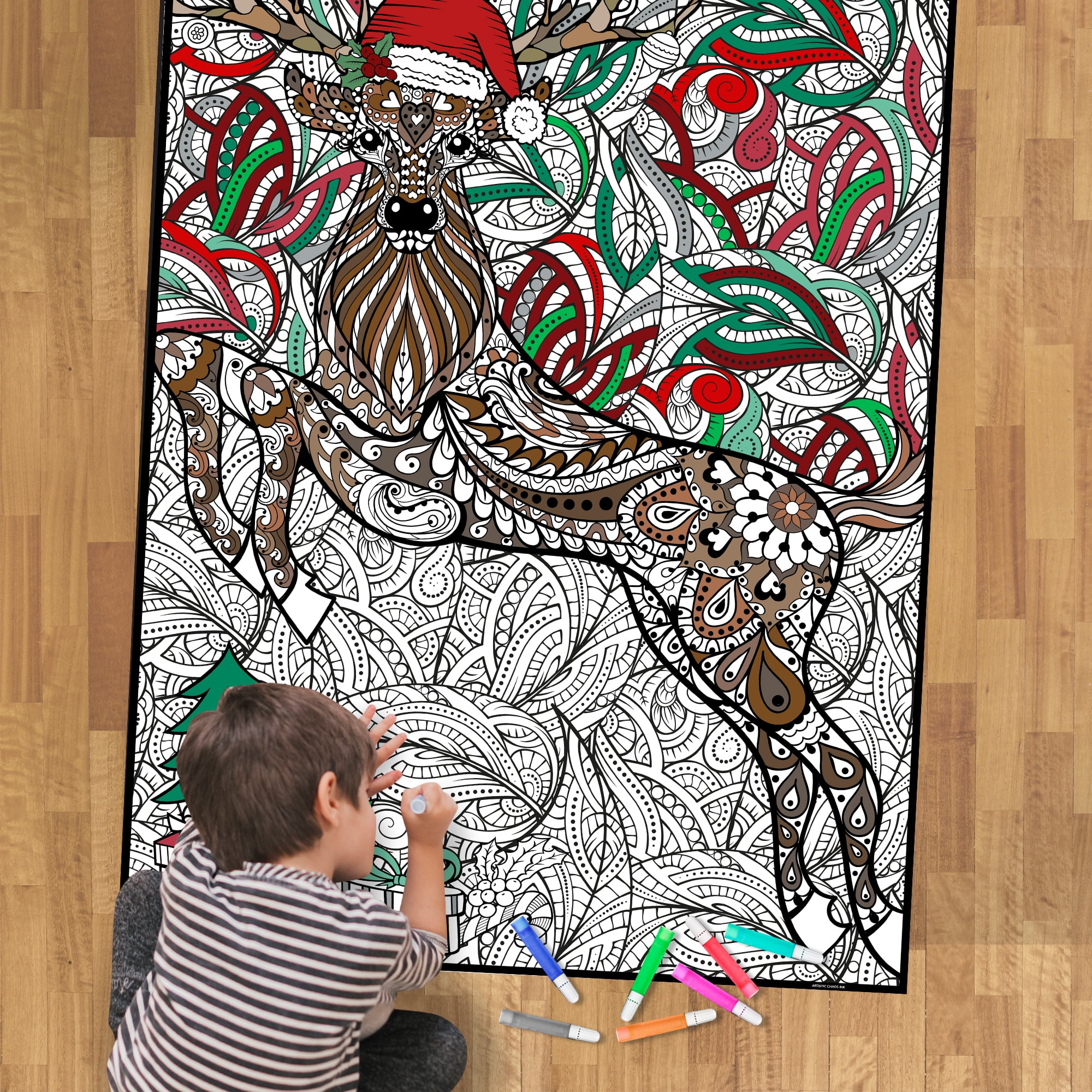 Giant Coloring Poster - Premium Jumbo Coloring Sheets for Kids & Adults with Thick Bleed-Resistant Pages, Use on Floor, Wall, or Table, Use with Alcohol Based Markers (30” x 42”, Christmas Deer)
