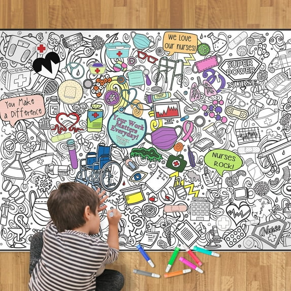 Giant Coloring Poster - Premium Jumbo Coloring Sheets for Kids & Adults with Thick Bleed-Resistant Pages, Use on Floor, Wall, or Table, Use with Alcohol Based Markers (30” x 42”, Nurses Week)